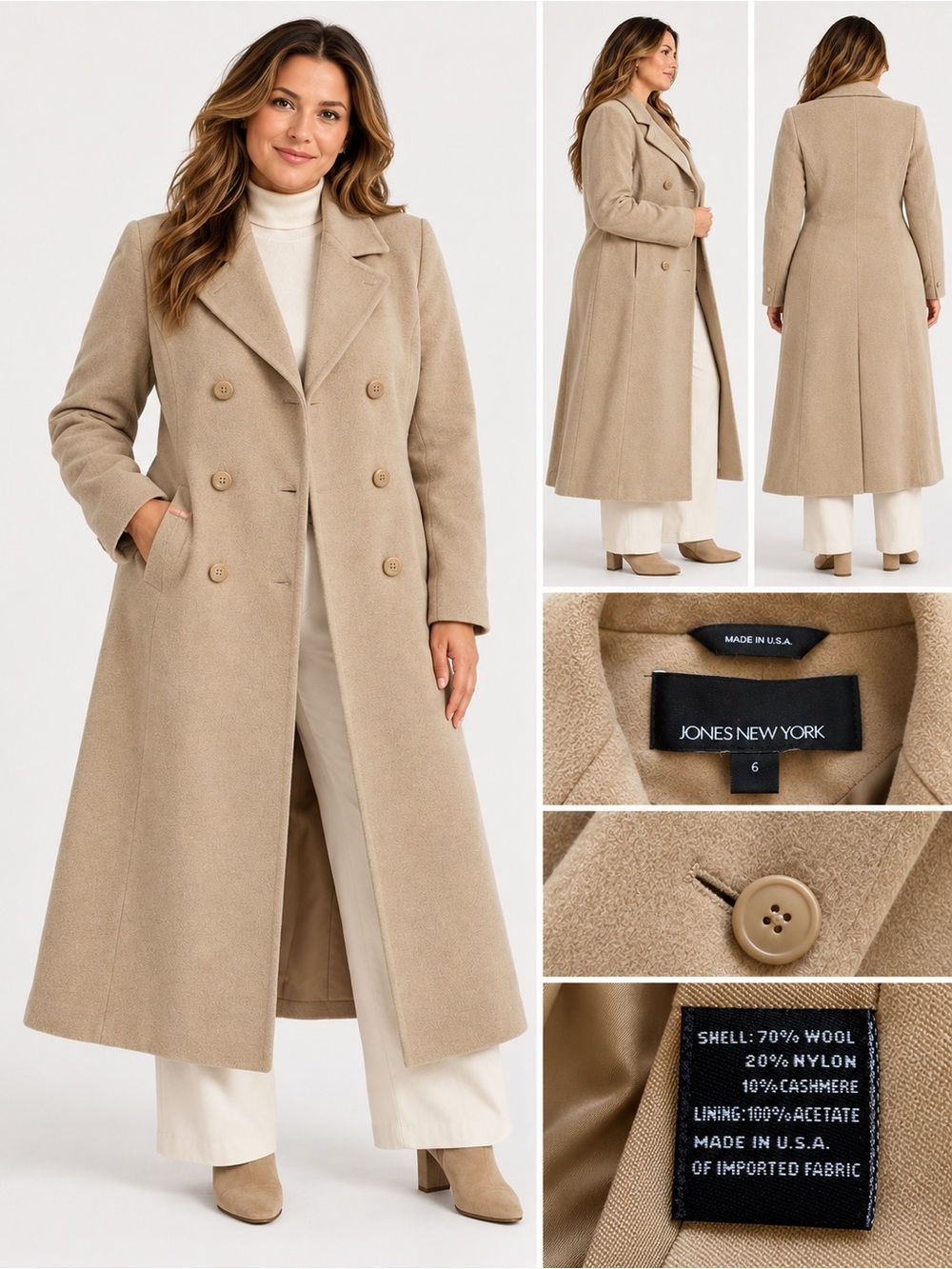 Vintage Jones New York Camel Wool Cashmere Maxi Coat Size 6 Made USA quiet lux